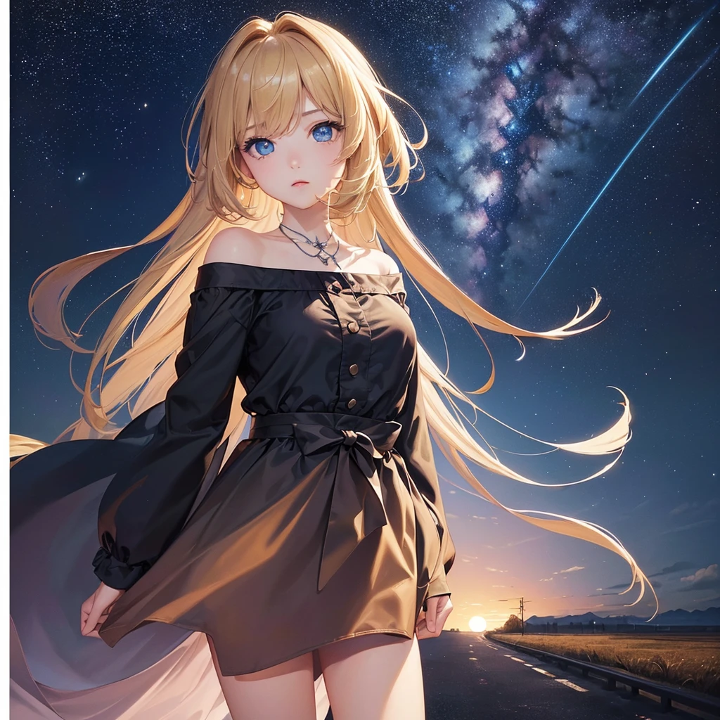(​masterpiece、top-quality、top-quality、Official art、(Beautifully Aesthetic:1.2)、(1girl in:1.3、(((Delicat eyes)))、Night Road、starrysky、a blond