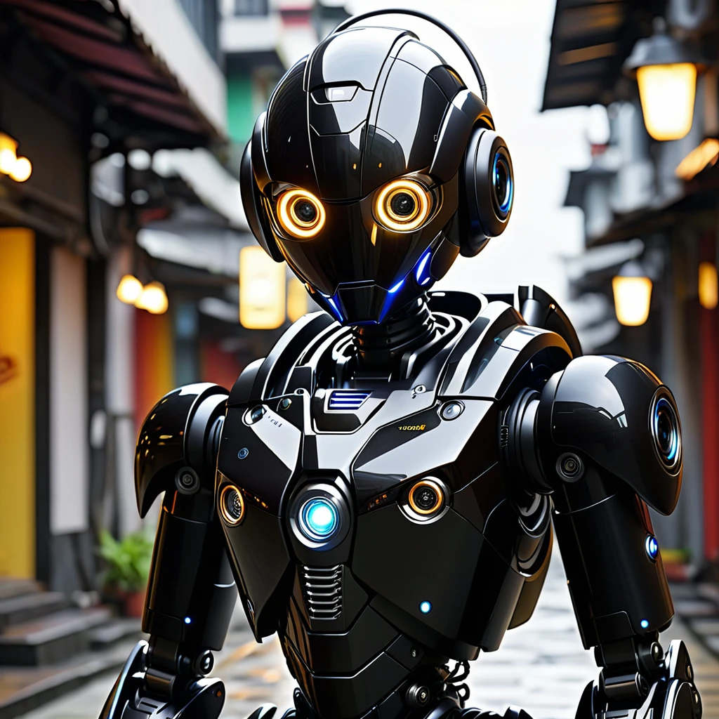 dua puluh robot hitam berkumpul di ruangan futuristic bernuansa gelap, terdapat lampu gantung berwarna hitam di atas