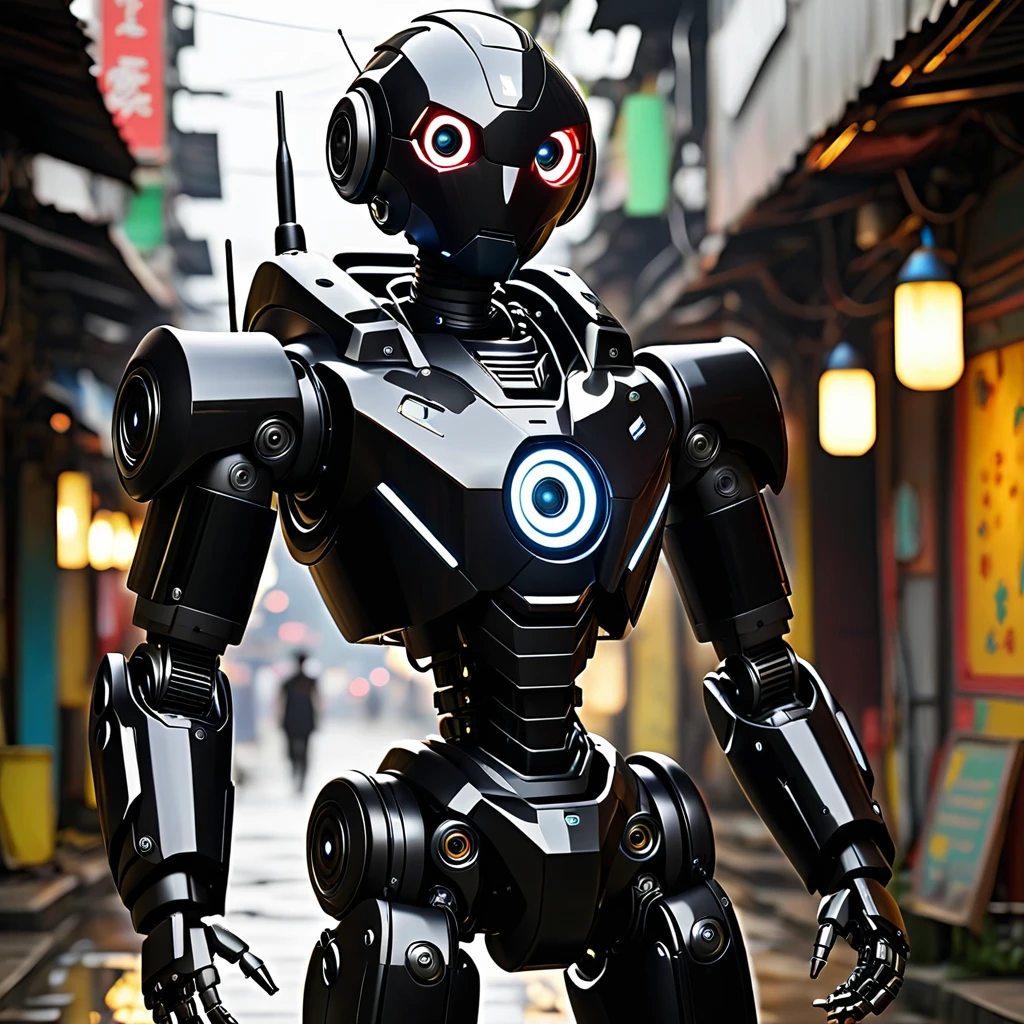 dua puluh robot hitam berkumpul di ruangan futuristic bernuansa gelap, terdapat lampu gantung berwarna hitam di atas
