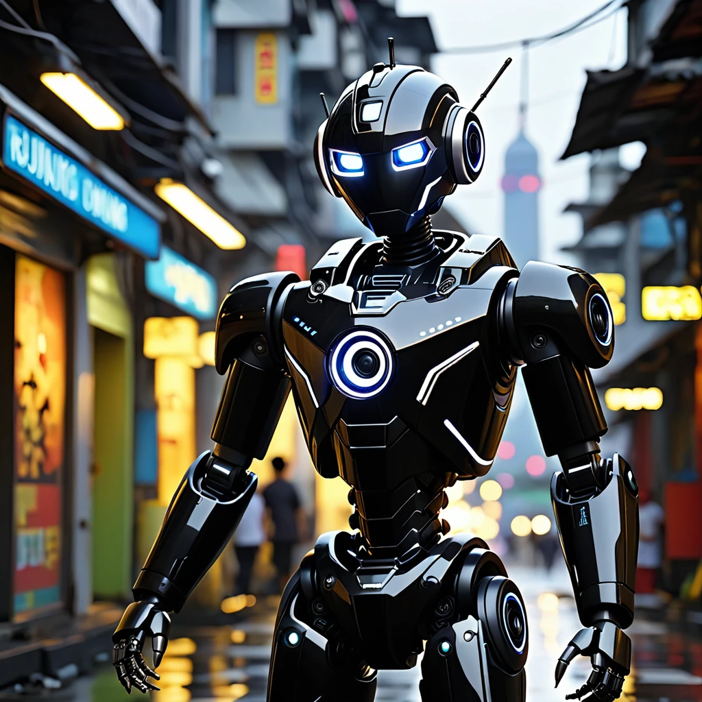 dua puluh robot hitam berkumpul di ruangan futuristic bernuansa gelap, terdapat lampu gantung berwarna hitam di atas
