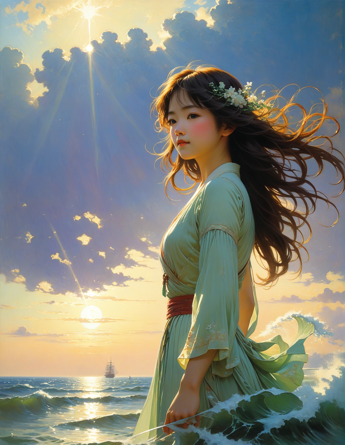 by Charles Courtney Curran and Makoto Shinkai, (mesmerizing, masterful, beautiful:1.4), poster art, bold lines, hyper detailed, expressive, award winning, (otherworldly creature:1.4), (intricate details, masterpiece, best quality:1.4),
looking at viewer, dynamic pose, wide angle view,