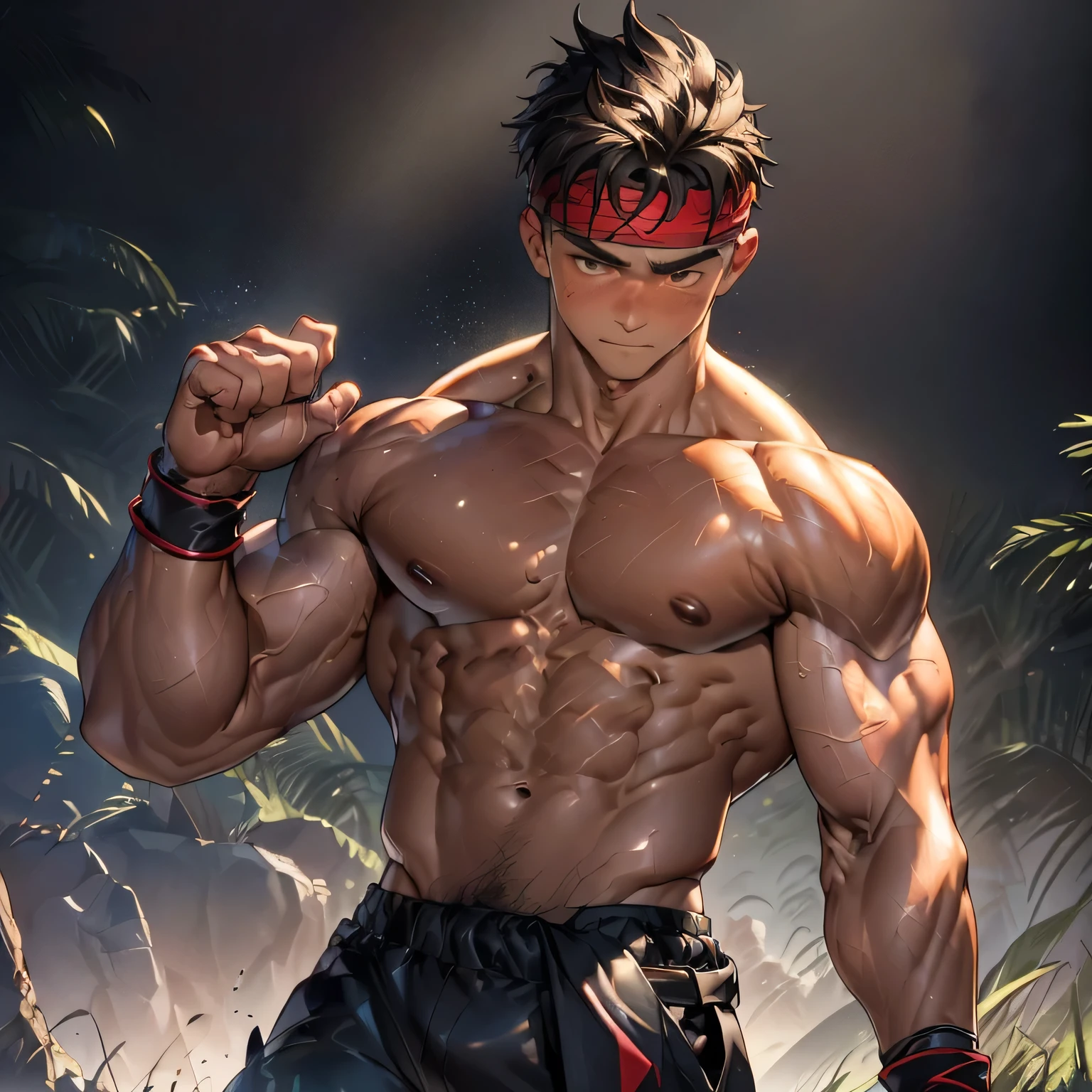 (Masterpiece, Best quality 19 year old boy, black background, cowboy shot, looking away), solo, Young, boy, muscler, Shirtless, topless, (Dark Short straight hair, under cut, brown eyes), (red headband, ((leather fingerless grobe, black wristband))), (((trapezoid torso, beefy body, defined round beefy pectorals, defined washboard abs))), Vivid colors, muscler!, muscler, muscler body, detailed face, detailed muscle, (((A magical mystical glowing aura, cosmic power glowing and flourishing, rippling muscles, fighting pose, struggle, combats)))
