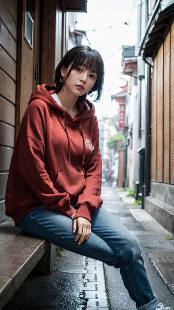 (Highest quality,masterpiece:1.3,Ultra-high resolution),(Super detailed,Caustics,8k), (Photorealistic:1.4, RAW shooting),Japanese,20-year-old,Natural brown short hair,Earrings,Natural Makeup,Red lipstick,Black hoodie,jeans,sneakers,Rainy Sky,Dim Alley,Sitting,Low position,Low - Angle,Waist up shot