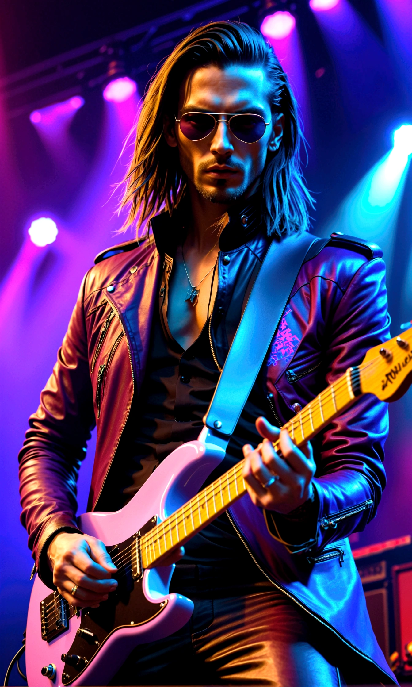cyberpunk style rockstar guitarist performing on stage, singing with mic, masculine, band, detailed facial features, lovely, detaillierte Augen, beautiful detailed lips, extrem detailliertes Gesicht, lange Haare, Lederjacke, elektrische Gitarre, on stage, Neonlichter, Science-Fiction-Stadtbild-Hintergrund, dramatische Beleuchtung, filmisch, stimmungsvolle Farben, dark blue and purple tones, hyperrealistisch, fotorealistisch, 8k, best quality, Meisterwerk