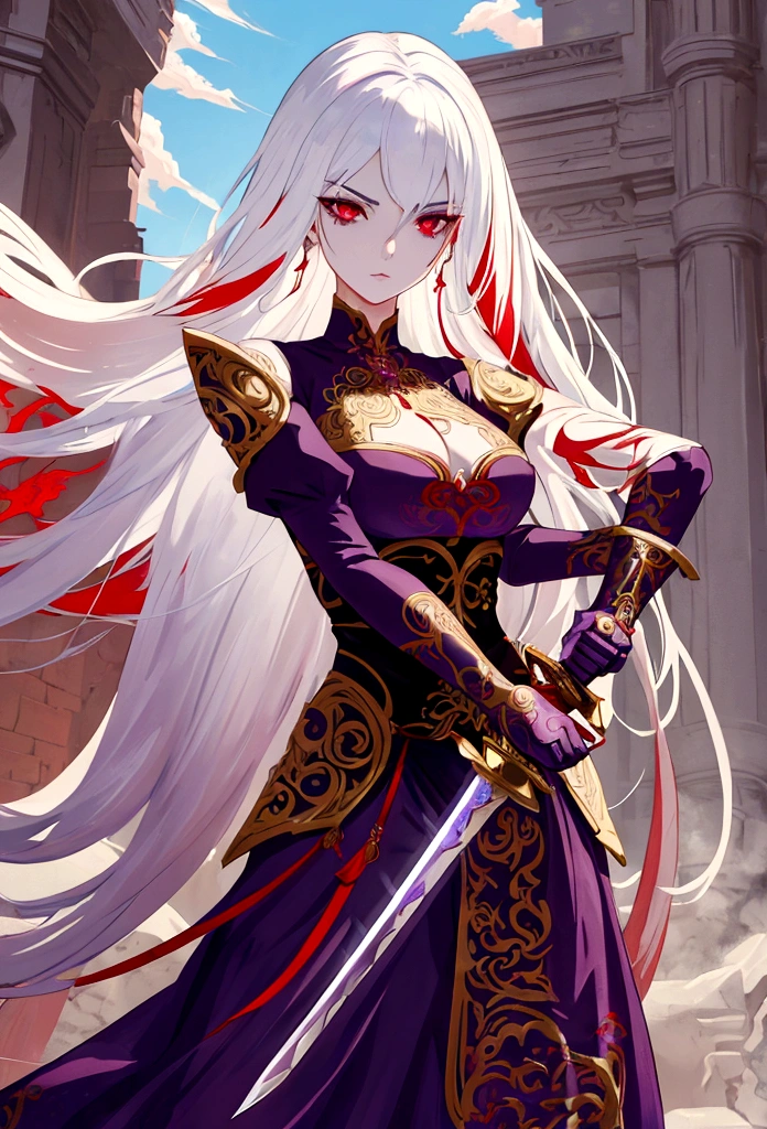 a woman with white hair and red streaks, neutral facial expression, detailed red eyes, holding a large ornate purple sword, detailed eyes, extremely detailed sword, cinematic dramatic lighting, fantasy, concept art
