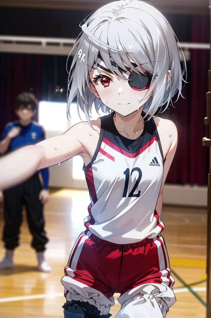 Laurabodewig, Laura Bodewig, Long Hair, (Red eyes:1.3), Grey Hair, Eye patch,smile,
break, (((Stained bloomers))), (Stained Volleyball Uniforms), Sleeveless volleyball uniform, (((Stained bloomers))), (Knee pads), (Elbow pads), (bare hands), ((Sweat)), ((covered in Sweat)), (breathe), Volleyball court, Ballet Shoes,whole bodyがイラストに入るように,
break indoors, gym,
break looking at viewer,whole body, (Cowboy Shot:1.5),
break (masterpiece:1.2), Highest quality, High resolution, unity 8k wallpaper, (figure:0.8), (Beautiful attention to detail:1.6), Highly detailed face, Perfect lighting, Highly detailed CG, (Perfect hands, Perfect Anatomy),