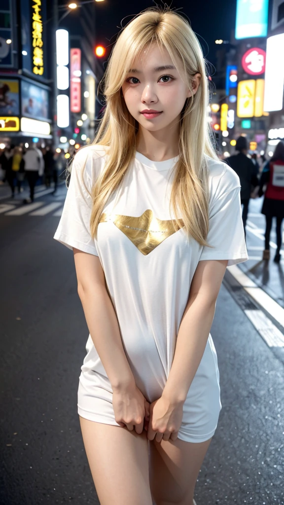 full body shot(8k, photorealistic, RAW photo, highest quality), transparent clarity, Japanese woman, brightest blonde hair, medium-length hair, heavy makeup, light eyebrows, young person's clothing, modest attire, T-shirt, extremely detailed face, double eyelids, sharp focus, beautiful woman, highest quality, masterpiece, ultra-high resolution, (photorealistic), very detailed and professionally lit smile, thin, serious expression, Shibuya, intersection, looking straight ahead, gold-colored contact lenses, ultra-high-definition photo, (beautiful facial details, detailed skin texture, ultra-detailed body),Standing and looking at the camera,shibuya cityscape,