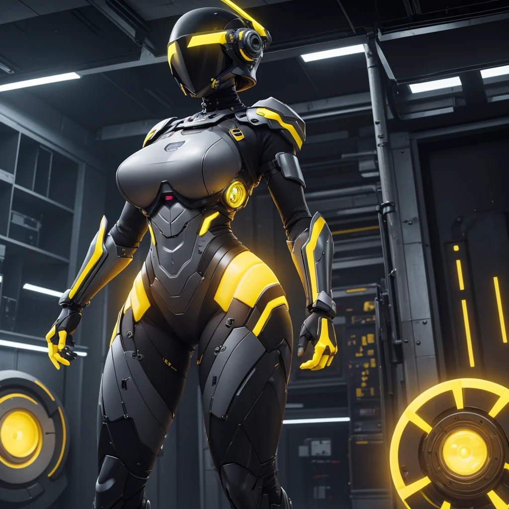 (masterpiece), (best quality), (high res) Solo, (perfect anatomy) Dronificated unknown woman , (enclosed gray full body armor) (yellow lights) (yellow glowing core in the chest), (enclosed cyber helmet), (yellow screen), huge breast, narrow waist, wide hips and thick thighs,(no face) no face, no hair, no mouth, no eyes, inside a room Being geld anf fucked by a machine, (sex) (fuck)
