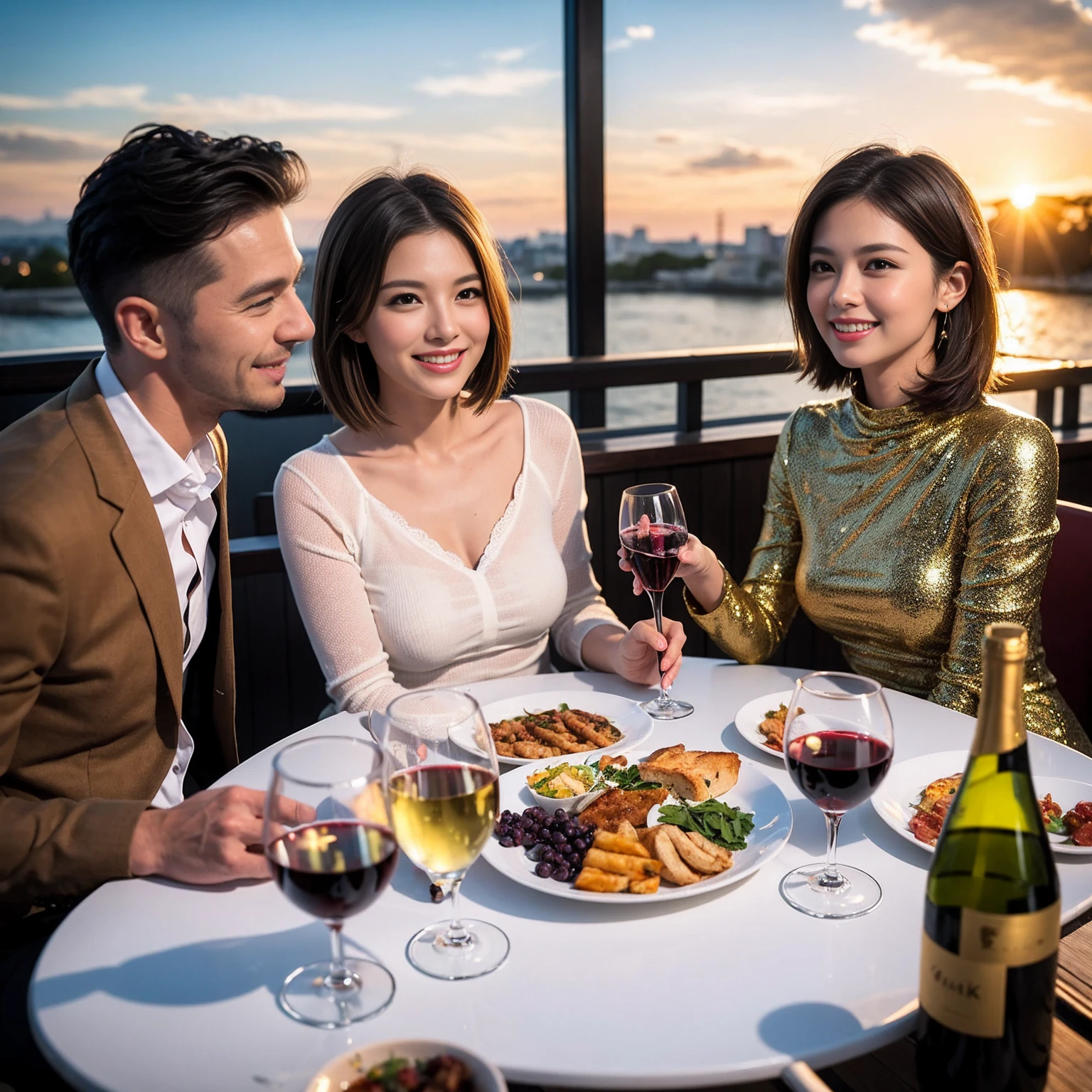 ((Highest quality、8k、masterpiece:1.3))、 (Genuineistic, Genuine、Bright image、Intricate details:1.2), Best smile 1 man 1 woman、Beautiful Couple、Lovers、Relatives and friends、actress couple、couple、Model Couple、Smile、A full-course dinner with a full table、テーブルにwine glass、 (Slim face), (The body is slim), (Brown Hair), (short hair), Please shine a light on my face、 Amazing view of the sunset sky and clouds、 (Age 43), 38 years old, red wine 、Appetizers、Wine bottle、sparkling wine、Long sleeve shirt、dress、White wine, red wine, wine glass, 
