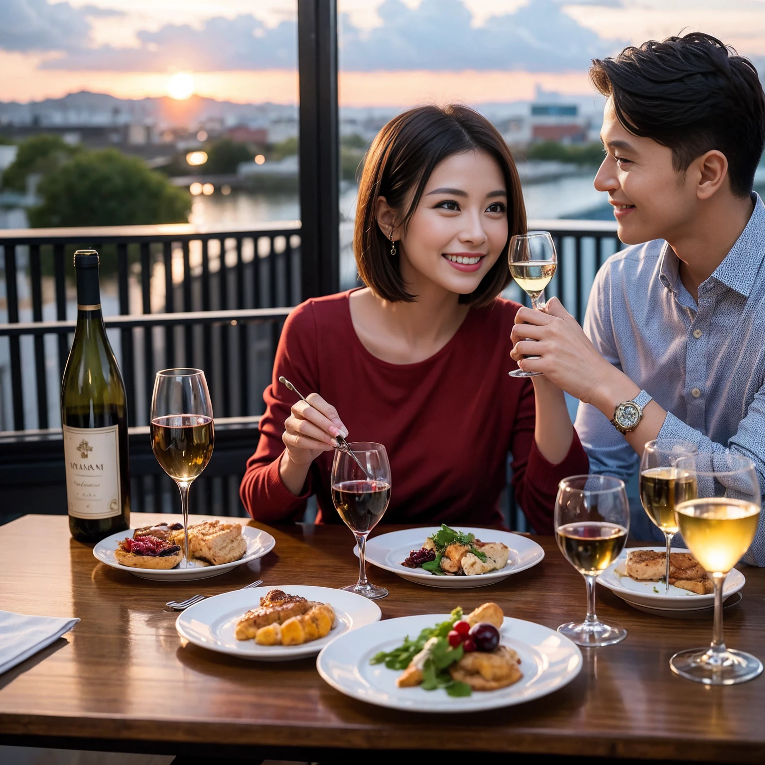 ((Highest quality、8k、masterpiece:1.3))、 (Genuineistic, Genuine、Bright image、Intricate details:1.2), Best smile 1 man 1 woman、Beautiful Couple、Lovers、Relatives and friends、actress couple、couple、Model Couple、Smile、A full-course dinner with a full table、テーブルにwine glass、 (Slim face), (The body is slim), (Brown Hair), (short hair), Please shine a light on my face、 Amazing view of the sunset sky and clouds、 (Age 43), 38 years old, red wine 、Appetizers、Wine bottle、sparkling wine、Long sleeve shirt、dress、White wine, red wine, wine glass, 