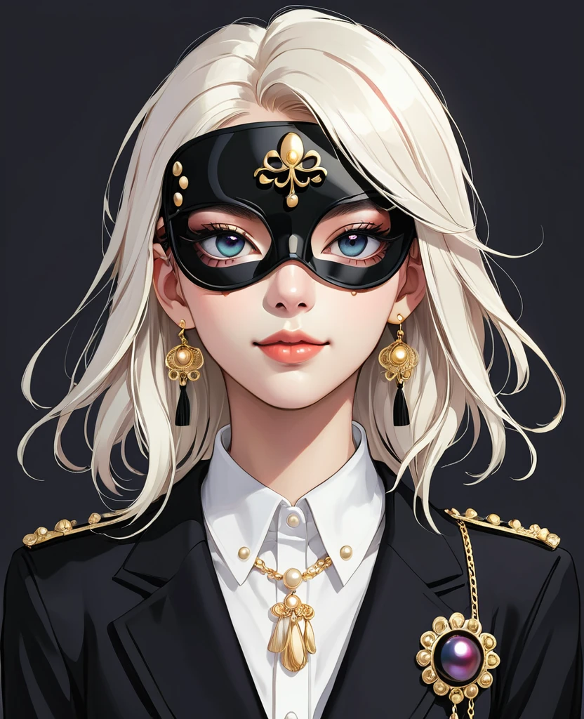 (Digital Illustration，Detailed anime style，Pearl tassel eye mask，Portrait of girl wearing mask eye patch，Solitary，symmetry)，(Big colorful eyes，Fashionable and exquisite facial features，Exquisite makeup，Smooth skin，Smile，Soulful gaze，)，(Straight Hair，Hairpin)，(Black suit，Epaulettes-Chain，cool，)，Clean and simple white background，(((Correct human anatomy)))