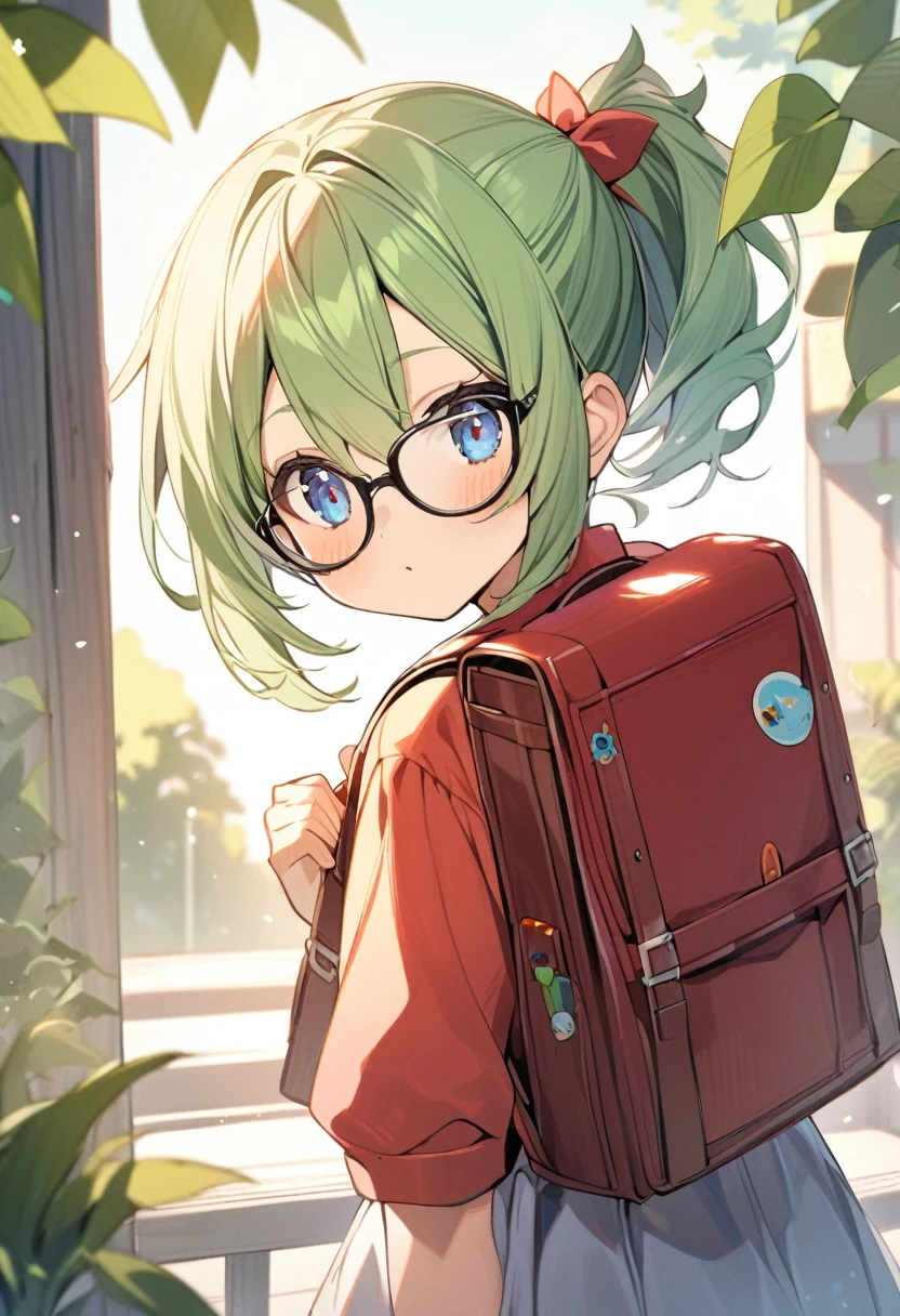 1girl ,green hair,short ponytail,blue eyes,black-framed_eyewear,backpack,red randoseru