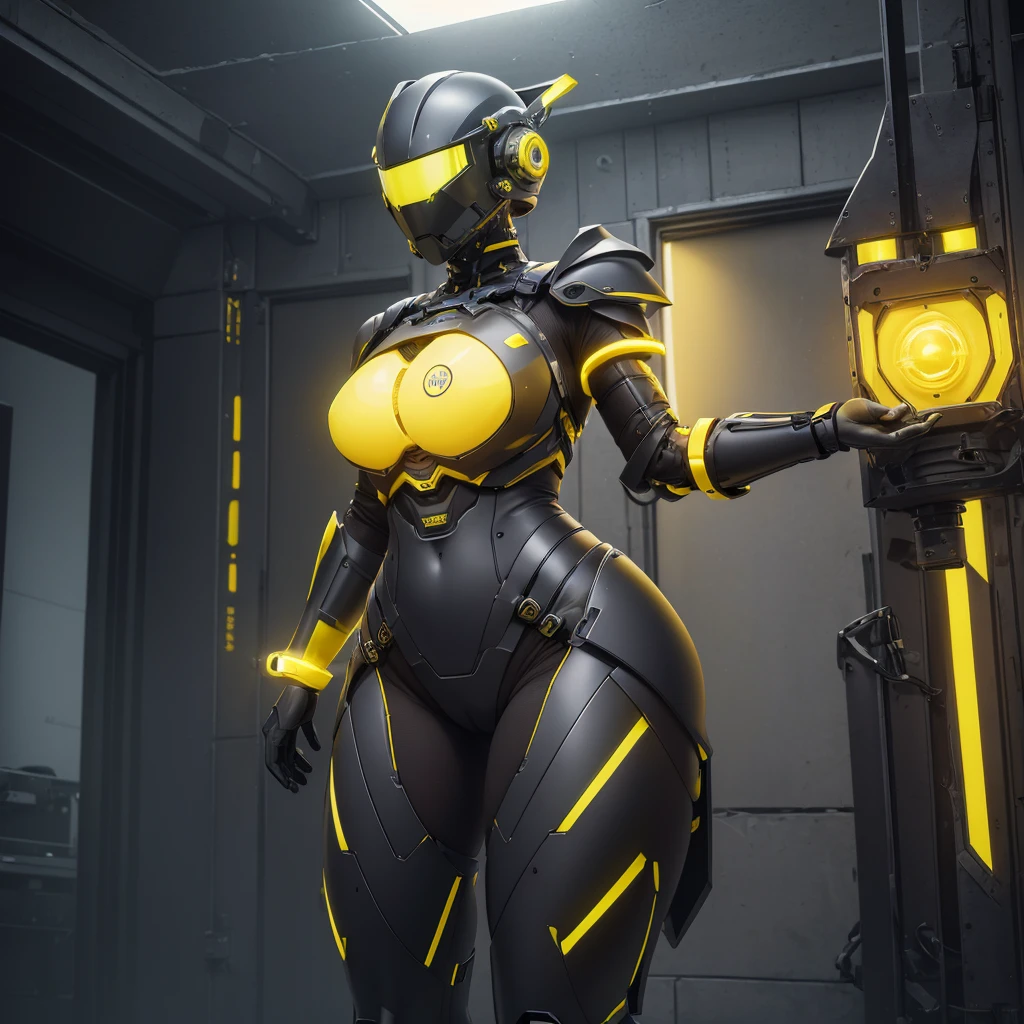 (masterpiece), (best quality), (high res) Solo, (perfect anatomy) Dronificated unknown woman , (enclosed gray full body armor) (yellow lights) (yellow glowing core in the chest), (enclosed cyber helmet), (yellow screen), huge breast, narrow waist, wide hips and thick thighs,(no face) no face, no hair, no mouth, no eyes, inside a room (sex) (fuck)
