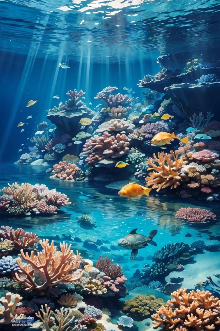 ((masterpiece, highest quality)), breathtaking underwater landscape, seen from the perspective of a diver, colorful corals and a gracefully swimming sea turtle, the water shimmering with light, creating a calming and beautiful environment.

