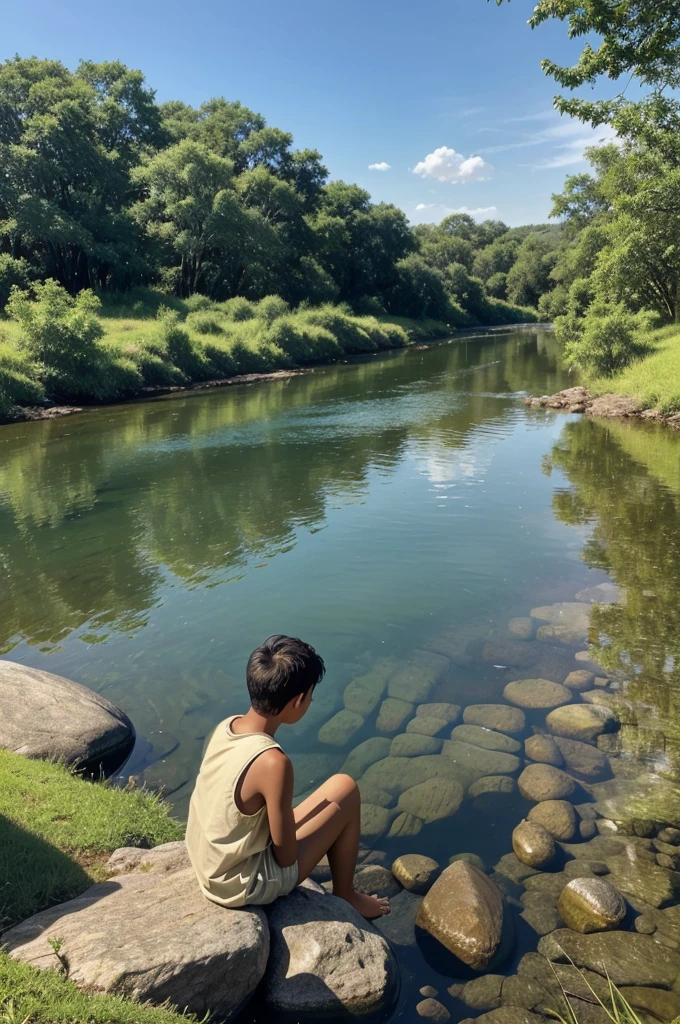 "A high-quality, serene image of a young boy sitting alone by a river. The boy is seated on a rock or the grassy riverbank, looking contemplatively at the flowing water. The scene is peaceful, with lush green trees lining the river and a clear blue sky overhead. The water in the river is calm, reflecting the natural beauty around it. The overall mood of the image is tranquil and reflective."