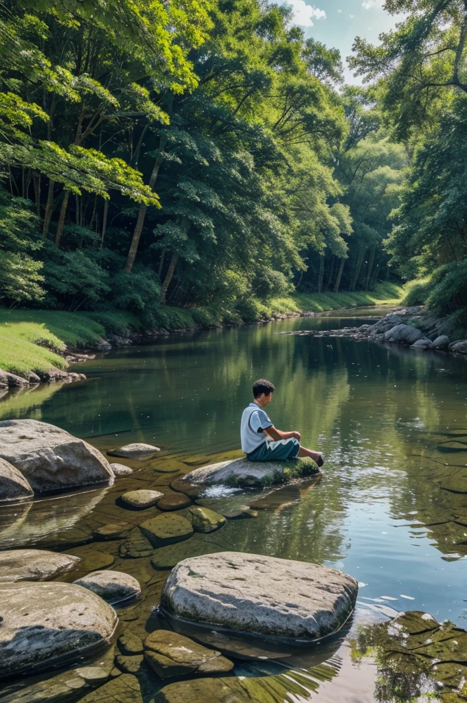 "A high-quality, serene image of a young boy sitting alone by a river. The boy is seated on a rock or the grassy riverbank, looking contemplatively at the flowing water. The scene is peaceful, with lush green trees lining the river and a clear blue sky overhead. The water in the river is calm, reflecting the natural beauty around it. The overall mood of the image is tranquil and reflective."