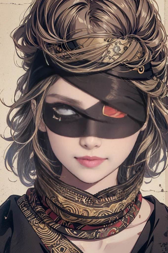 (masterpiece, top quality, best quality, official art, beautiful and aesthetic:1.2),
blindfold,(Eye Patch:1.5), solo, 1girl, open mouth, long hair, long sleeves, bangs, smile, upper body, bandages, shirt,
extreme detailed,highest detailed, optical mixing, playful patterns, lively texture, unique visual effect