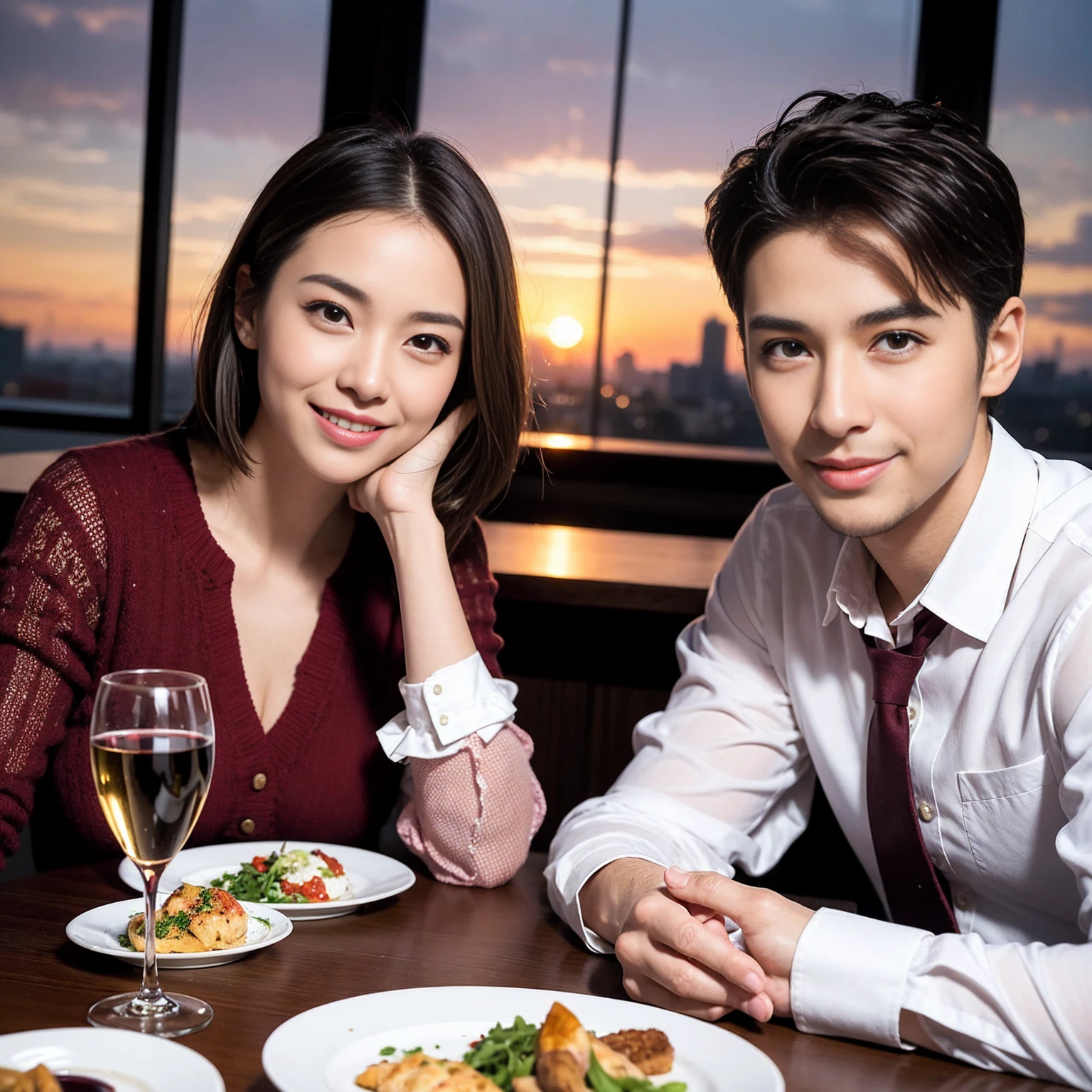((Highest quality、8k、masterpiece:1.3))、 (Genuineistic, Genuine、Bright image、Intricate details:1.2), 最高のsmile 男性1人 女性1人、Beautiful Couple、Lovers、Relatives and friends、spouse、actresodel couple、smile、A full-course dinner with a full table、 (Slim face), (the body is slim), (Brown Hair), (short hair), テーブルのwine glass、Please shine a light on my face、 Amazing view of the sunset sky and clouds、 (Age 33)38 years old, red wine 、Appetizers、Wine bottle、sparkling wine、Long sleeve shirt、dress、White wine, red wine, wine glass,