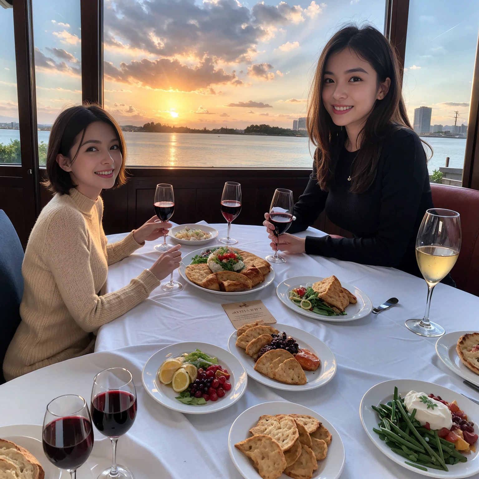 ((Highest quality、8K、masterpiece:1.3))、Skinny Cute、Slim Couple、Model Couple、The best smile、Happy Smile、45 years old 39 years old、(Realistic, Intricate details:1.2), Beautiful Model、Beautiful actress, (Brown Hair), (White skin),Full course dinner on the table、Wine Party、Wine bottle、Champagne、sparkling wine、Amazing view of the sunset sky and clouds、Sweet eye angle, Ultra HD 8K, Ultra-realistic, photograph, Cinematic, photograph, Wide-angle, Detailed Visuals, 3D Rendering, Soft texture, Realistic, ((View your viewers)), Perfect corner angle, Thin lips, Natural Beauty, (soft and super White skin), Perfect Skin, (masterpiece), (Beautiful attention to detail), (Makes your face smaller), No makeup, Two beauties、Brown Hair、Shortcuts、Long sleeve shirt、dress、