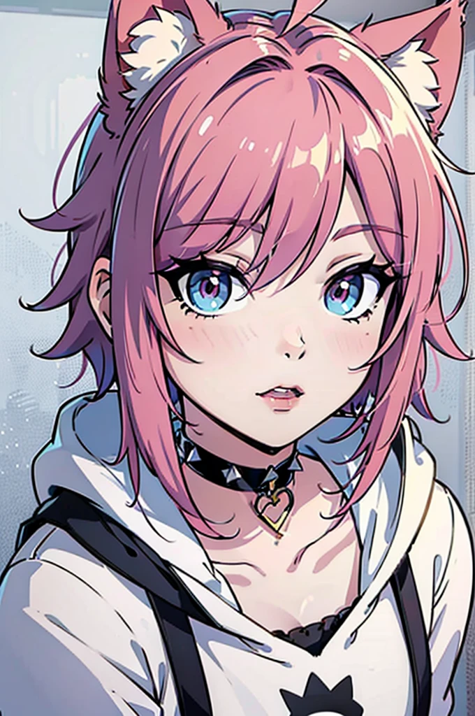 cel shading, detailed eyes, best quality, highly detailed, masterpiece, best quality, hair between eyes, short hair, solo male, hair, pink hair, spike choker, solo male, cat ears, oversized hoodie, poofy hair, fluffy hair, looking at viewer, male, 