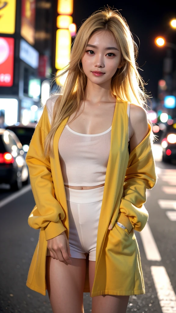 full body shot(8k, photorealistic, RAW photo, highest quality), transparent clarity, Japanese woman, brightest blonde hair, medium-length hair, heavy makeup, light eyebrows, young person's clothing, modest attire, jacket, extremely detailed face, double eyelids, sharp focus, beautiful woman, highest quality, masterpiece, ultra-high resolution, (photorealistic), very detailed and professionally lit smile, thin, serious expression, Shibuya, intersection, looking straight ahead, gold-colored contact lenses, ultra-high-definition photo, (beautiful facial details, detailed skin texture, ultra-detailed body),Standing and looking at the camera,shibuya cityscape,