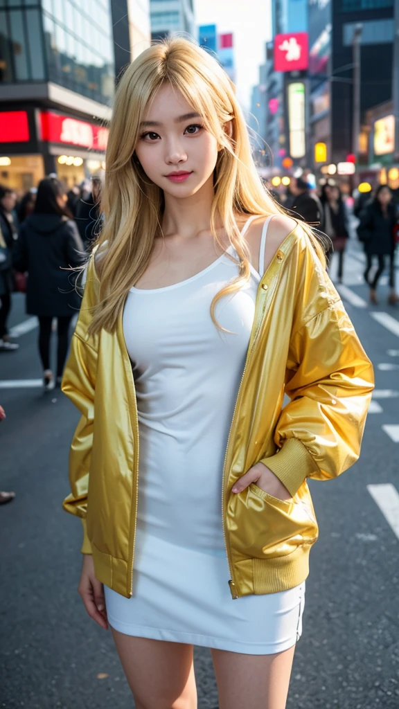 full body shot(8k, photorealistic, RAW photo, highest quality), transparent clarity, Japanese woman, brightest blonde hair, medium-length hair, heavy makeup, light eyebrows, young person's clothing, modest attire, jacket, extremely detailed face, double eyelids, sharp focus, beautiful woman, highest quality, masterpiece, ultra-high resolution, (photorealistic), very detailed and professionally lit smile, thin, serious expression, Shibuya, intersection, looking straight ahead, gold-colored contact lenses, ultra-high-definition photo, (beautiful facial details, detailed skin texture, ultra-detailed body),Standing and looking at the camera,shibuya cityscape,