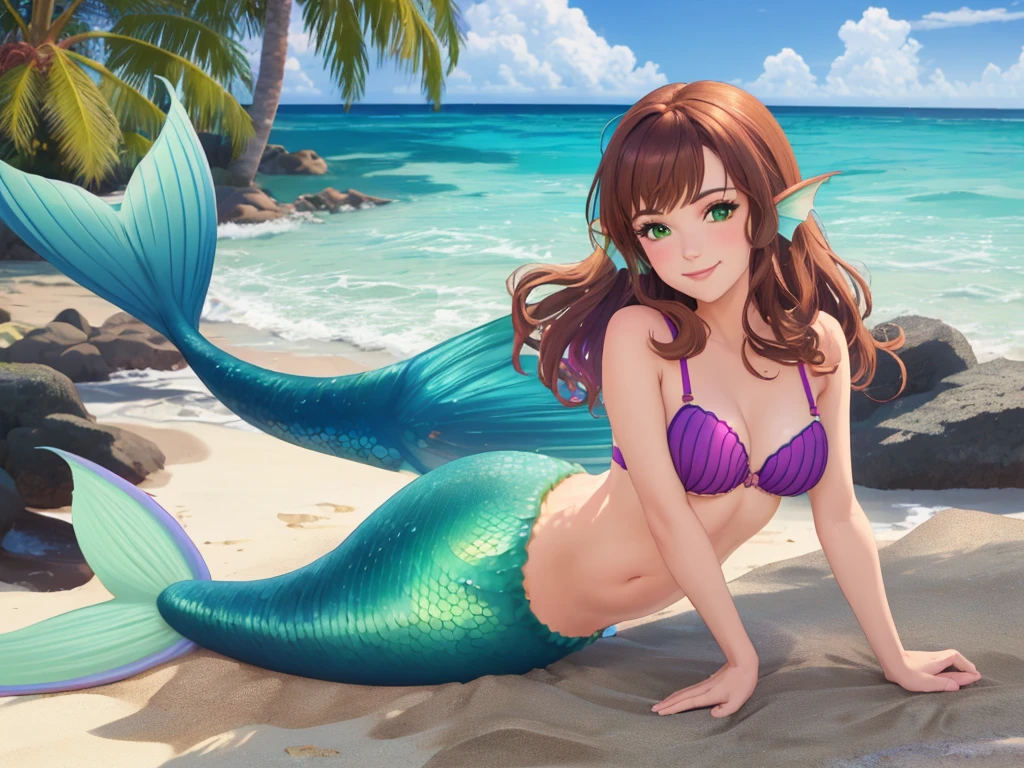 masterpiece, best quality:1.2), 1girl, smile, looking at viewer, green eyes, short brown hair, mermaid, mermaid girl, wearing purple seashell bra, laying on belly on beach, colorful mermaid tail, outdoors, head fins, fin ears