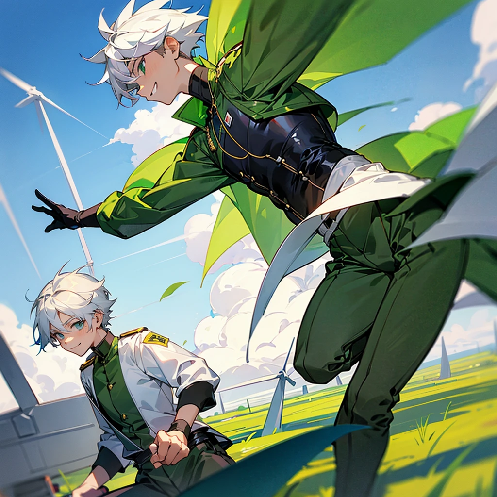 1 young boy ,white hair,Take off your shirt.,Wear military pants,Green figure,Use wind power,smile,fighting
