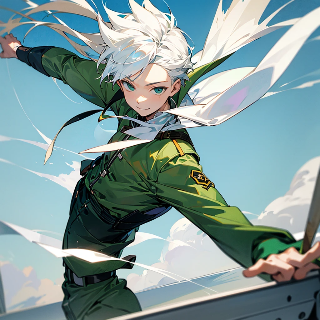 1 young boy aged 14,white hair,Take off your shirt.,Wear military pants,Green figure,Use wind power,smile,fighting