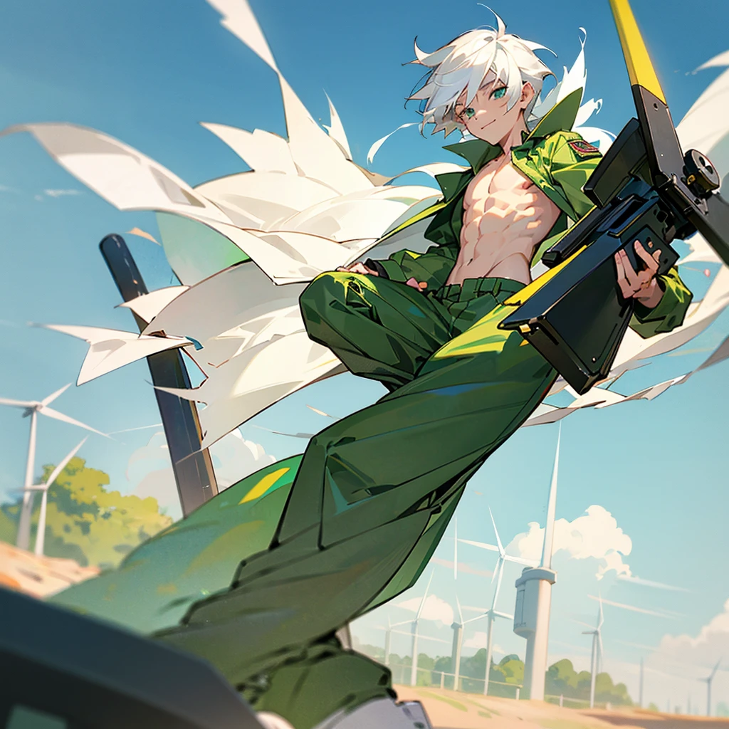 1 young boy aged 14,white hair,Take off your shirt.,Wear military pants,Green figure,Use wind power,smile,fighting