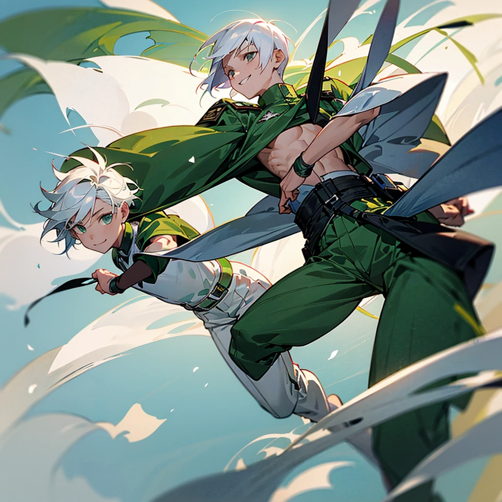 1 young boy ,white hair,Take off your shirt.,Wear military pants,Green figure,Use wind power,smile,fighting