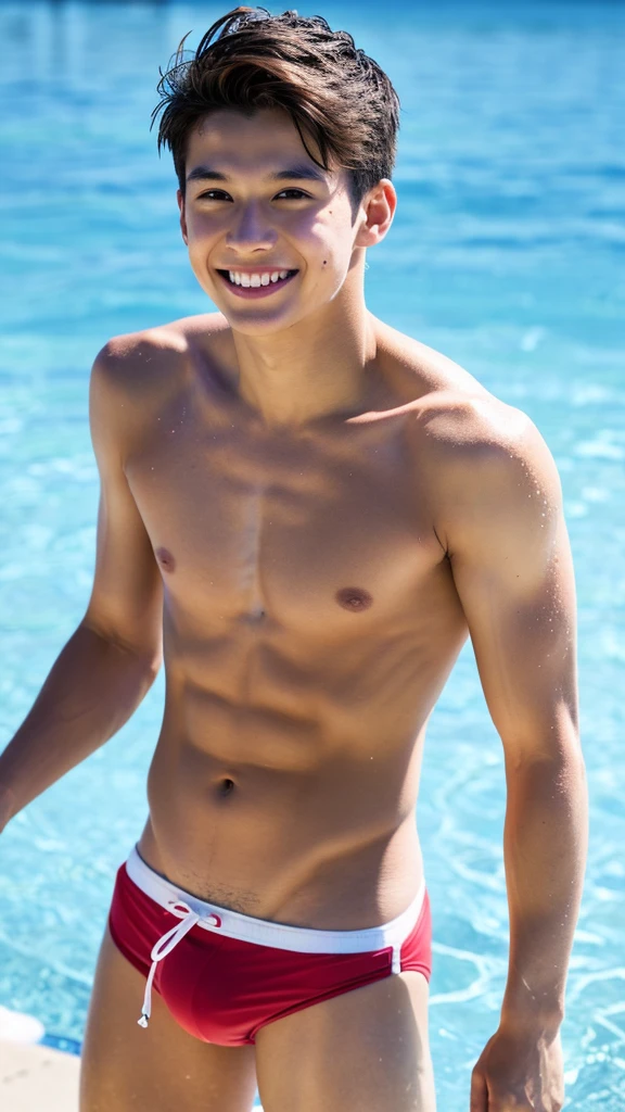 male Age 21 swimwear lifeguard topless smile