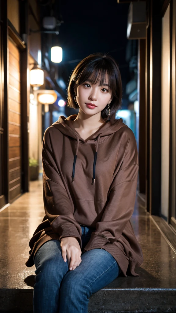 (Highest quality,masterpiece:1.3,Ultra-high resolution),(Super detailed,Caustics,8k), (Photorealistic:1.4, RAW shooting),Japanese,20-year-old,Natural brown short hair,Earrings,Natural Makeup,Red lipstick,Black hoodie,jeans,Rainy Sky,Dim Alley,Sitting,Low position,Low - Angle,Waist up shot