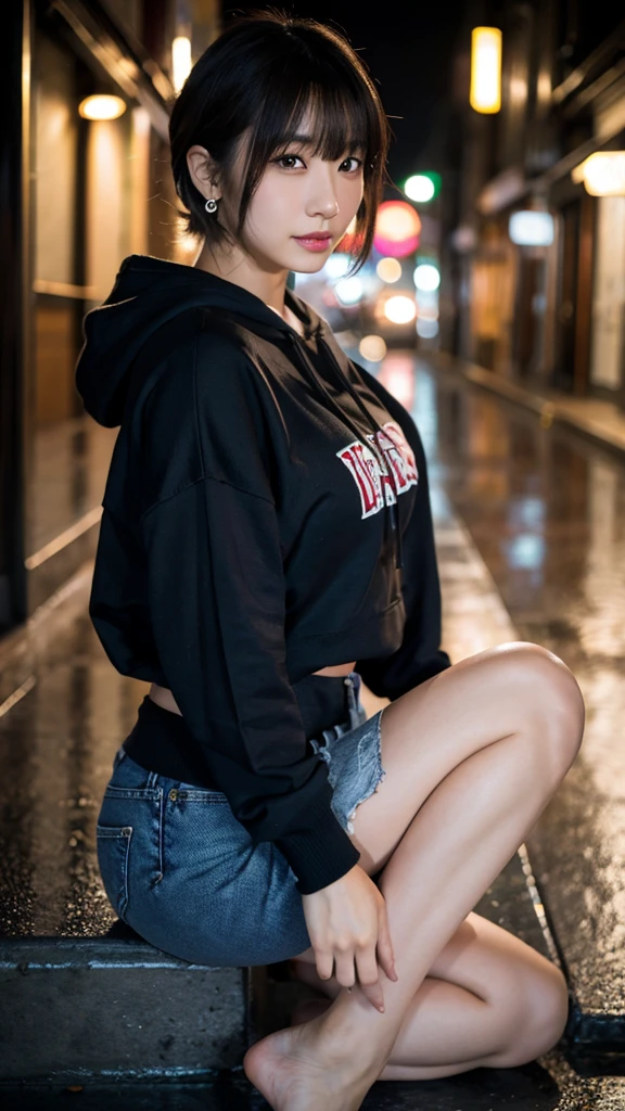 (Highest quality,masterpiece:1.3,Ultra-high resolution),(Super detailed,Caustics,8k), (Photorealistic:1.4, RAW shooting),Japanese,20-year-old,Natural brown short hair,Earrings,Natural Makeup,Red lipstick,Black hoodie,jeans,Rainy Sky,Dim Alley,Sitting,Low position,Low - Angle,Waist up shot