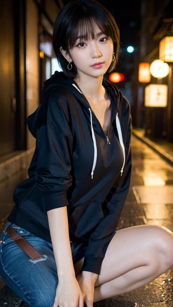 (Highest quality,masterpiece:1.3,Ultra-high resolution),(Super detailed,Caustics,8k), (Photorealistic:1.4, RAW shooting),Japanese,20-year-old,Natural brown short hair,Earrings,Natural Makeup,Red lipstick,Black hoodie,jeans,Rainy Sky,Dim Alley,Sitting,Low position,Low - Angle,Waist up shot