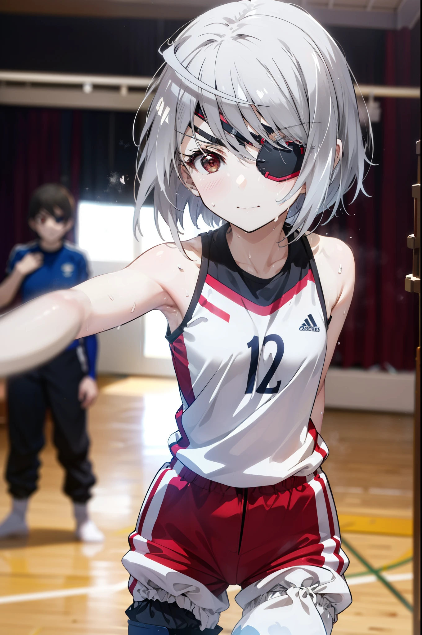 Laurabodewig, Laura Bodewig, Long Hair, (Red eyes:1.3), Grey Hair, Eye patch,smile,
break, (((Stained bloomers))), (Stained Volleyball Uniforms), Sleeveless volleyball uniform, (((Stained bloomers))), (Knee pads), (Elbow pads), (bare hands), ((Sweat)), ((covered in Sweat)), (breathe), Volleyball court, Ballet Shoes,whole bodyがイラストに入るように,
break indoors, gym,
break looking at viewer,whole body, (Cowboy Shot:1.5),
break (masterpiece:1.2), Highest quality, High resolution, unity 8k wallpaper, (figure:0.8), (Beautiful attention to detail:1.6), Highly detailed face, Perfect lighting, Highly detailed CG, (Perfect hands, Perfect Anatomy),