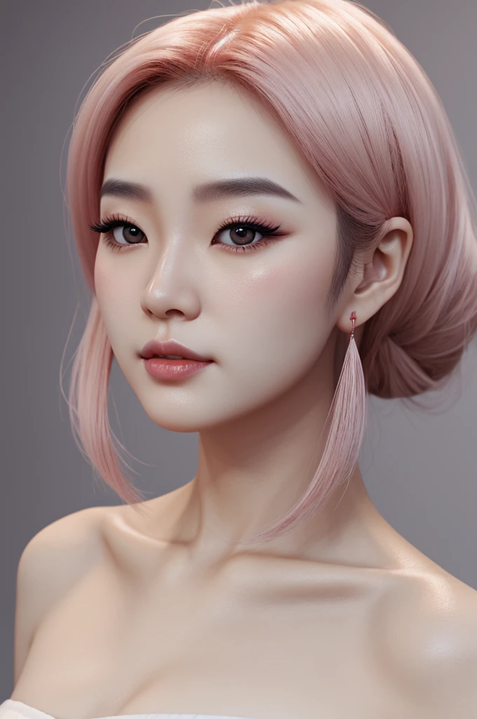 Create a 3D photo of a pale skin Korean girl, nariz respingada, foxy eyes, labios abultados y rojizos, marked v-shaped jaw
