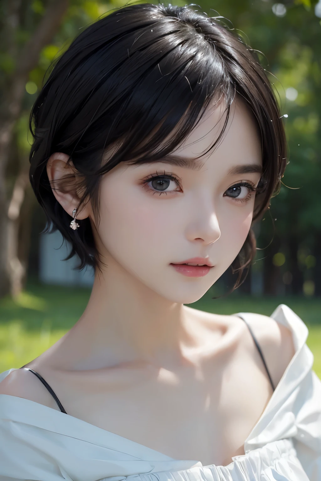 (((Black Short Hair))), (grassland), Seductive pose, 背景がgrassland、Image from chest up:1.6)、Close-up portrait of a woman wearing a white off-the-shoulder top dress and earrings, Soft portrait shot 8k, Nice delicate face, High-quality 4K portraits, High-quality portraits, Soft, perfect, pale skin, 8K Highly Detailed Face, なbeautiful繊細な顔, beautiful光の大きな目, Beautiful and realistic face, beautiful14Old woman, Beautiful and realistic face, cute14Old woman