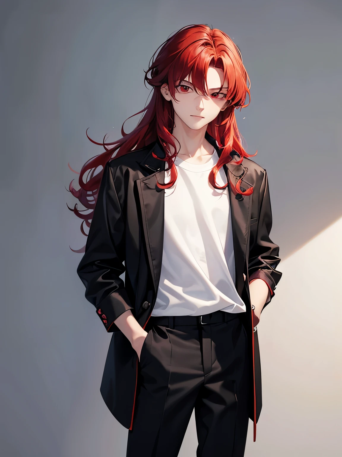 1boy,18 years old,standing,cool,slight smile,middle parted hairstyle,Standing facing backwards,talking,Curly hair, red hair, red eyes, long hair, vampire, handsome,,, standing,close up photo,White t-shirt, black jacket,black jacket,,black trousers