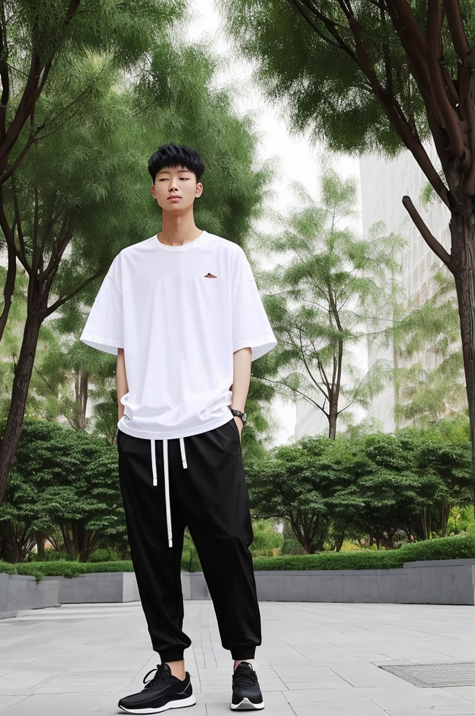Beijing young men, slim. wearing oversize white T shirt then black jogger pants, full body, black short cut, garden