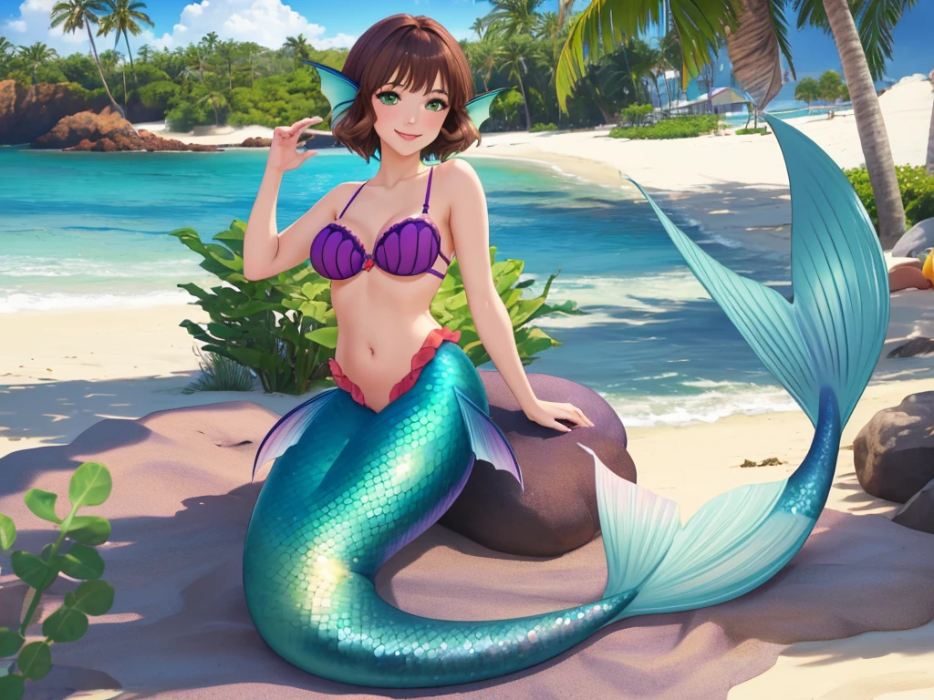 masterpiece, best quality:1.2), 1girl, smile, looking at viewer, green eyes, short brown hair, mermaid, mermaid girl, wearing purple seashell bra, laying on belly on beach, colorful mermaid tail, outdoors, head fins, fin ears