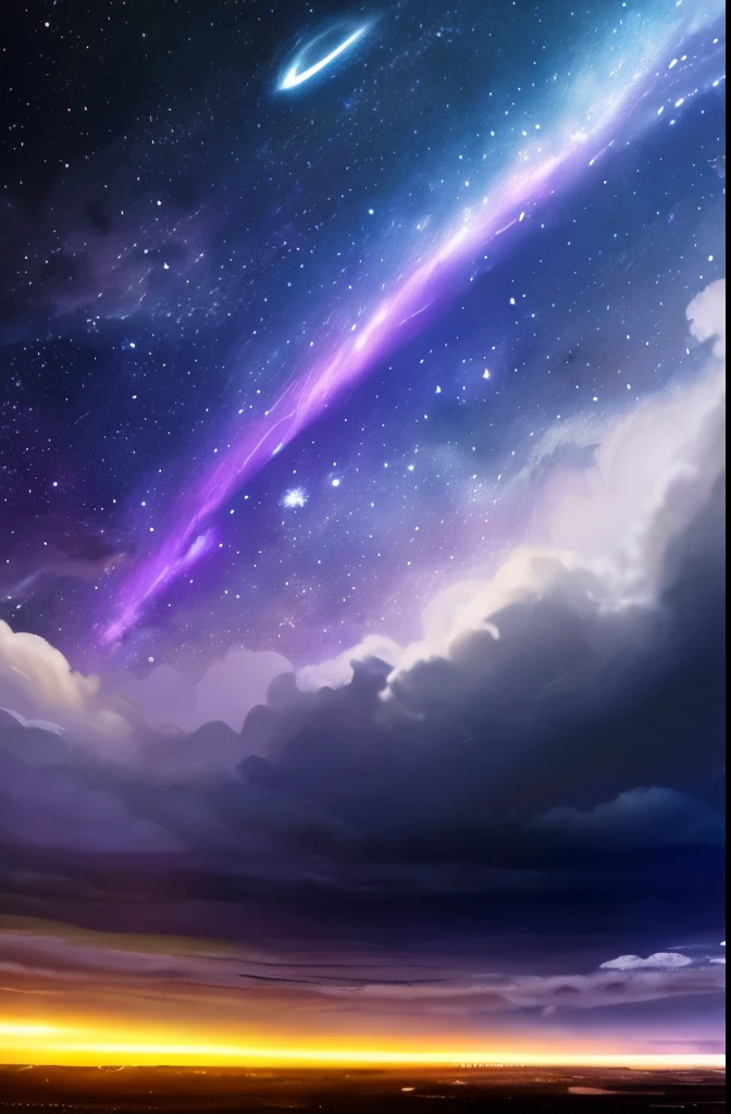 a painting of a night sky with clouds and stars, nebula clouds, nebula sky, space clouds, dramatic nebula sky, beautiful night sky, cosmic sky, interstellar stormy bright sky, dramatic night sky, night clouds, cosmic skies, epic clouds and lighting, atmospheric fantasy sky, purple nebula, in the universe.highly realistic, epic clouds and godlike lighting