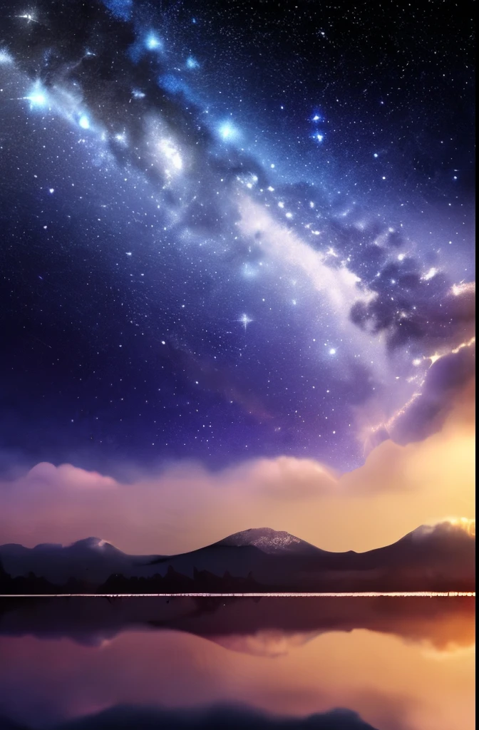 a painting of a night sky with clouds and stars, nebula clouds, nebula sky, space clouds, dramatic nebula sky, beautiful night sky, cosmic sky, interstellar stormy bright sky, dramatic night sky, night clouds, cosmic skies, epic clouds and lighting, atmospheric fantasy sky, purple nebula, in the universe.highly realistic, epic clouds and godlike lighting