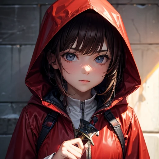 Brown-haired girl wearing a bloody raincoat Holding a dagger