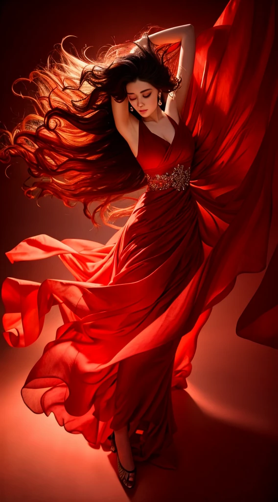 A woman in a long dress blows her hair and dances, floating dress, beautiful flowing fabric, draped in flowing fabric, flowinggown, Flowing fabric, realskin,Glossy glossy skin,Realistic color photos,Long red dress,hyper HD,8K