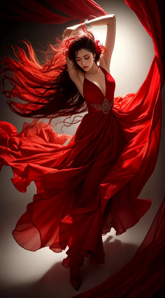 A woman in a long dress blows her hair and dances, floating dress, beautiful flowing fabric, draped in flowing fabric, flowinggown, Flowing fabric, realskin,Glossy glossy skin,Realistic color photos,Long red dress,hyper HD,8K