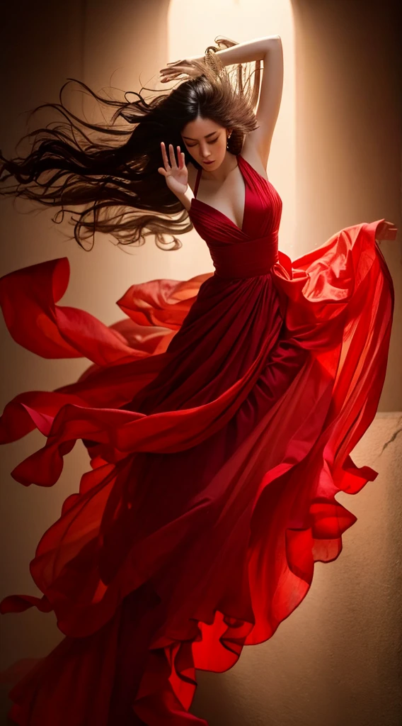 A woman in a long dress blows her hair and dances, floating dress, beautiful flowing fabric, draped in flowing fabric, flowinggown, Flowing fabric, realskin，Glossy glossy skin，Realistic color photos，Long red dress，hyper HD，8K