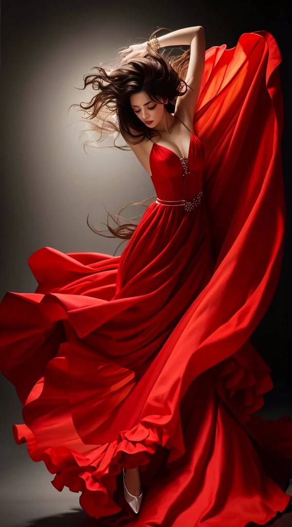 A woman in a long dress blows her hair and dances, floating dress, beautiful flowing fabric, draped in flowing fabric, flowinggown, Flowing fabric, realskin,Glossy glossy skin,Realistic color photos,Long red dress,hyper HD,8K