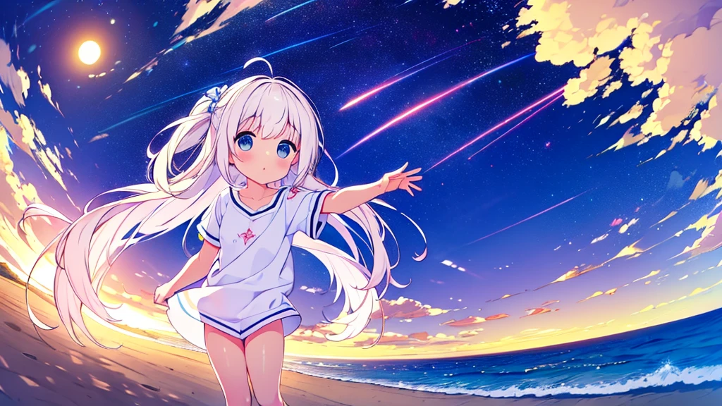 Una linda camisa blanca que la deja ver. 、Falda de vuelo celeste con volantes、Se levanta la falda con ambas manos para lucir su linda ropa interior blanca.、Linda ropa interior blanca visible cuando se levanta la falda.、Playa de arena, Mar hermoso, noche y cielo estrellado