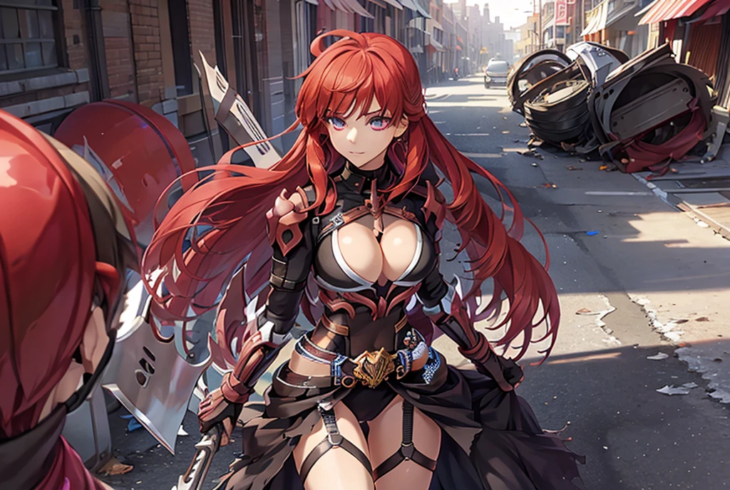 score_9, score_8_up, score_7_up, score_6_up, score_5_up, score_4_up, source_anime, tomboy girl, long hair, Bust Cup B , open-chest outfit, Guillotine Cross Set, breastplate, waist armor, Armor, red hair, golden hair, red eyes blue eyes, Sparkling eyes, walk, Garbage bags, Behind the scenes at the junkyard, Sharp picture, Magical light, Bright atmosphere, beautiful backdrop